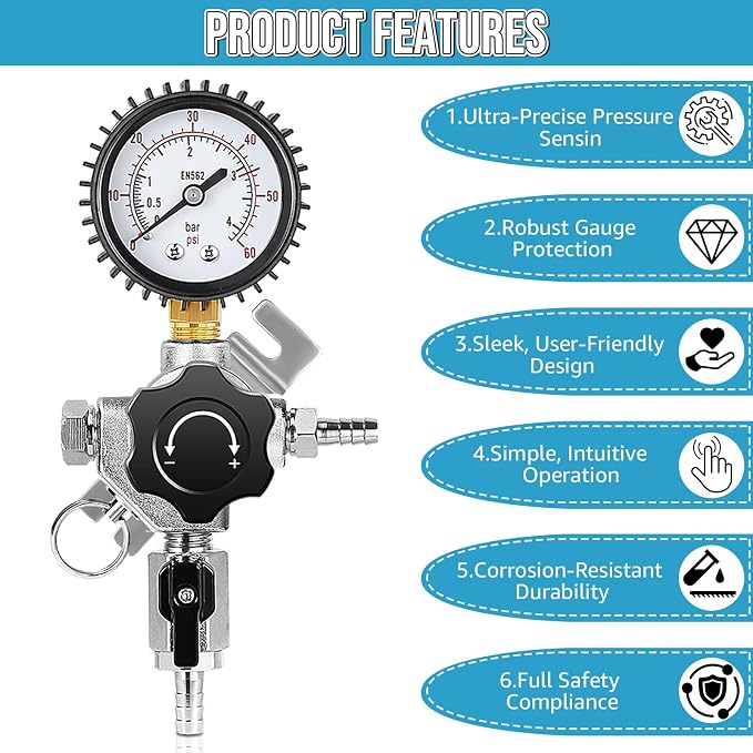Beer Secondary CO2 Regulator, Single Gas Inlet Keg Regulator & 0-60PSI Gauges - Image 4