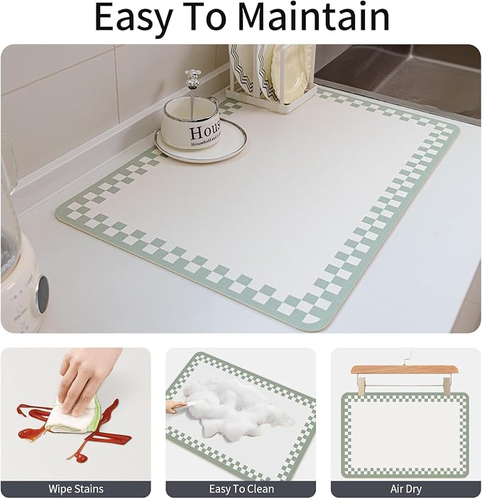 2PCS Non-slip Dish Drying Mats Black Sage Beige Checkered Coffee Bar Mat - Image 6