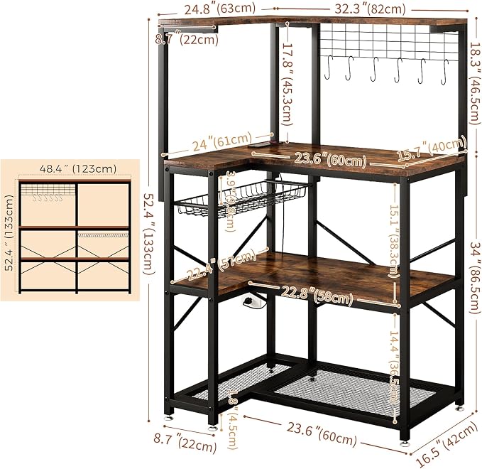 L-Shaped Bakers Rack with Power Outlet, 4-Tier Corner Microwave Stand with - Image 2