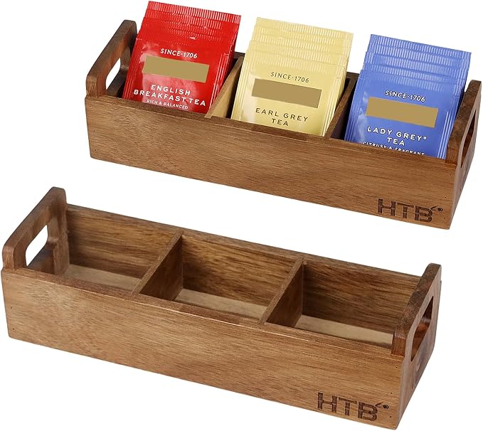 HTB Small Wooden Tea Bag Box 2PCS, 3 Compartments Acacia Wood Tea Bag Chest by HTB