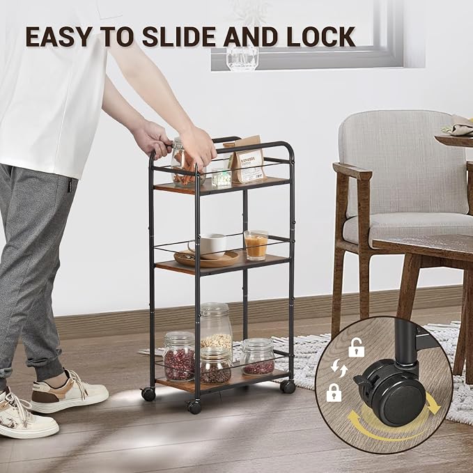 FUSLITE Small Bar Cart for Small Spaces, 3-Tier Slim Rolling Kitchen Cart on - Image 3
