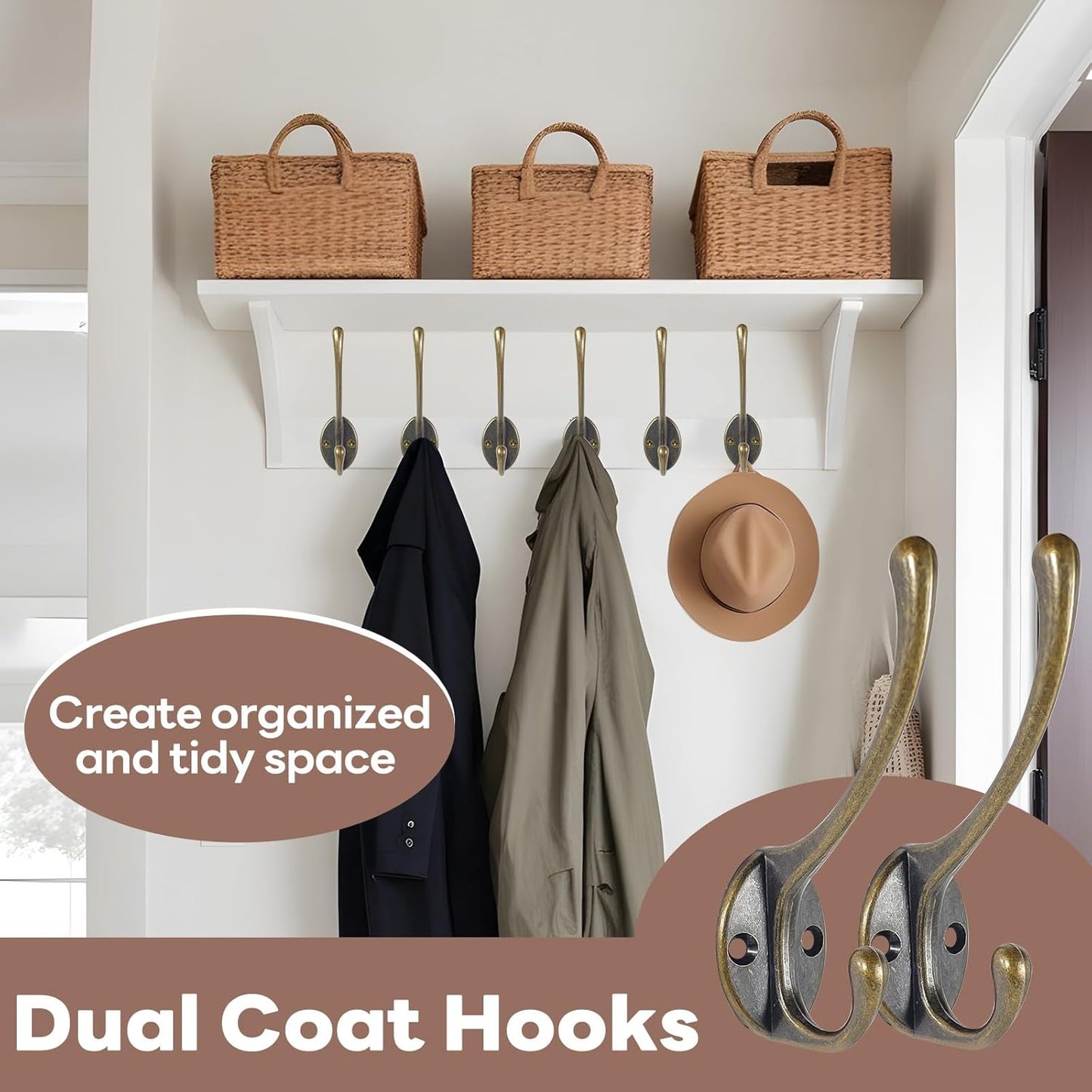 Wall Hooks for Hanging, 20-Pack Heavy Duty Metal Coat Hooks, for Living Room, Bathroom, Kitchen, Bedroom for Towel, Hat, Key, Closet, Bag (Bronze)