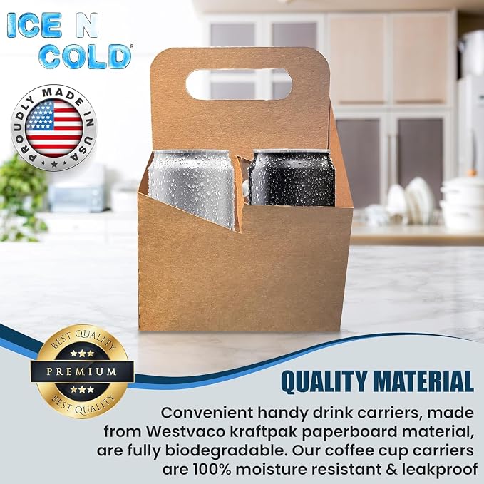 4 Cup Drink Carrier With Handle | Kraft Paperboard Holder Disposable - Image 4
