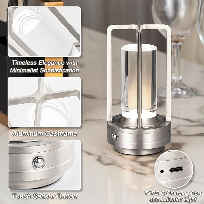 Rechargeable Table Lamp Cordless, 3 Color | Crystal | Stepless Dimming - Image 4