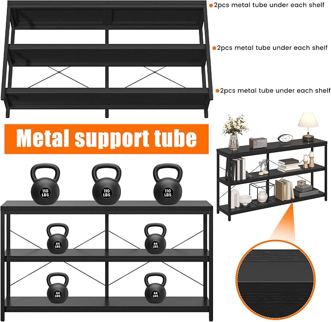 3-Tier Industrial Bookshelf, Wide Wood Horizontal Bookcase, Open Large Book - Image 6