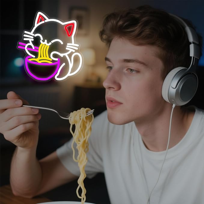 Fortune Cat Ramen Neon Sign for Wall Decor Dimmable Japanese Lucky Cat Noodle - Image 2