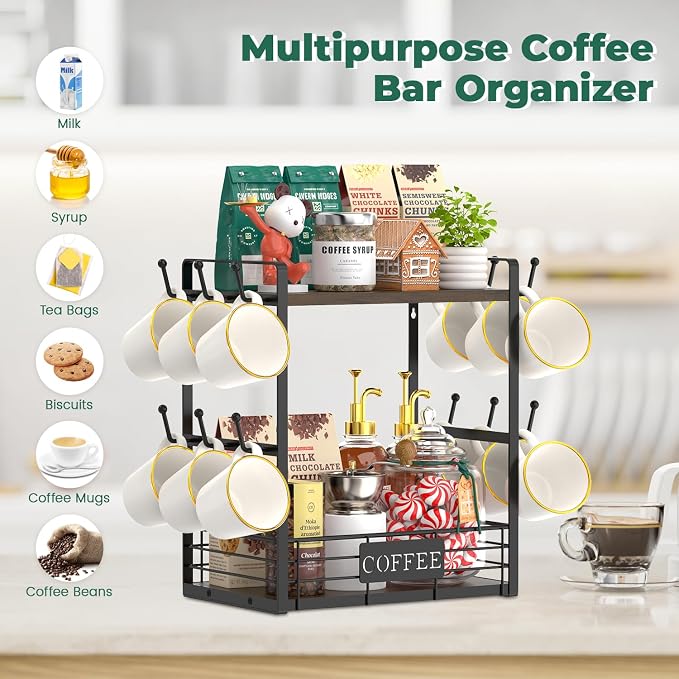 EsLuker.ly Coffee Mug Cup Holder Tree Bar Station Organizer, 2 Tier Mug Stand - Image 4