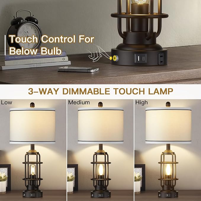 Modern Table Lamps Set of 2, Industrial 3-Way Dimmable Bedside Lamp - Image 5