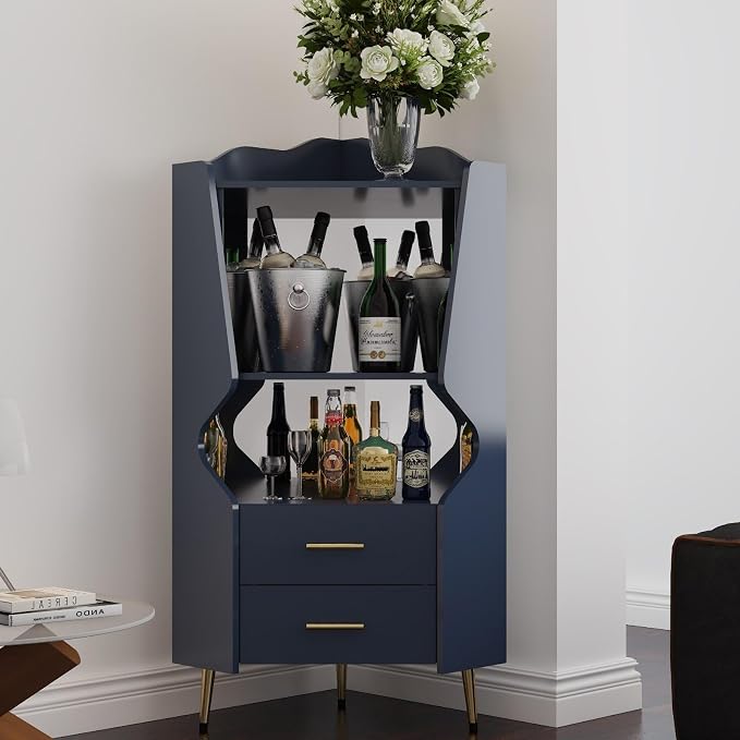 Corner Bar Cabinet with Mirrored Back, Sideboard Cabinet with 2 Open Shelves & - Image 2