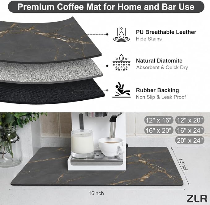 ZLR Coffee Bar Mat for Keurig & Nespresso, Marble Gray | Absorbent Dish Drying - Image 2