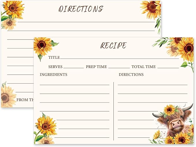 JarThenaAMCS 50 Pcs Highland Cow Recipe Cards Sunflower Brown Cow Blank Recipe by JarThenaAMCS