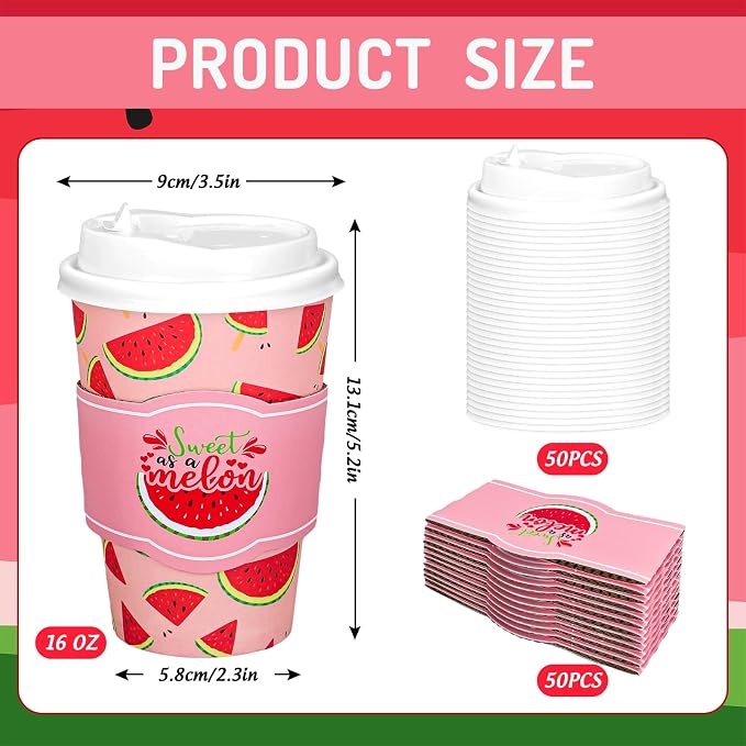Whaline 50 Set Summer Watermelon Disposable Coffee Cups - Image 2