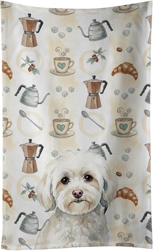 Caroline's Treasures White Havanese Coffee Bar Kitchen Towel Velour Plush Front by CarolinesTreasures