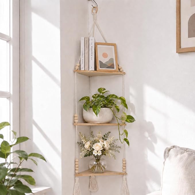 Artilady Macrame Corner Shelf Wall Hanging 3-Tier, Adjustable Boho Wood Plant by Artilady