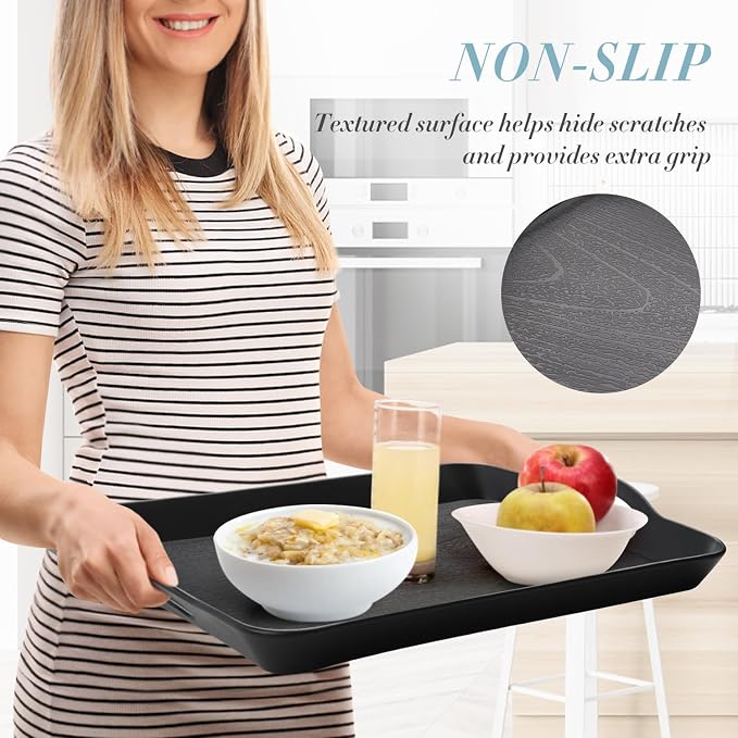 Black Serving Trays with Handles, 16 x 11 inch Rectangular Non Skid - Image 2
