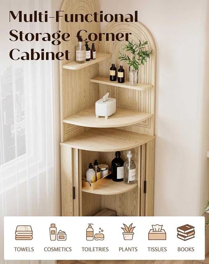 Small Corner Cabinet with Sliding Door and Storage, Tall Corner Bathroom Cabinet - Image 5