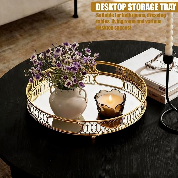 Gold Mirrored Tray with Handles, Decorative Glass and Gold Tray - Image 4