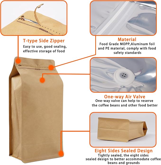 Coffee Bags with Valve Kraft Paper High Barrier Aluminum Foil Flat Bottom - Image 2