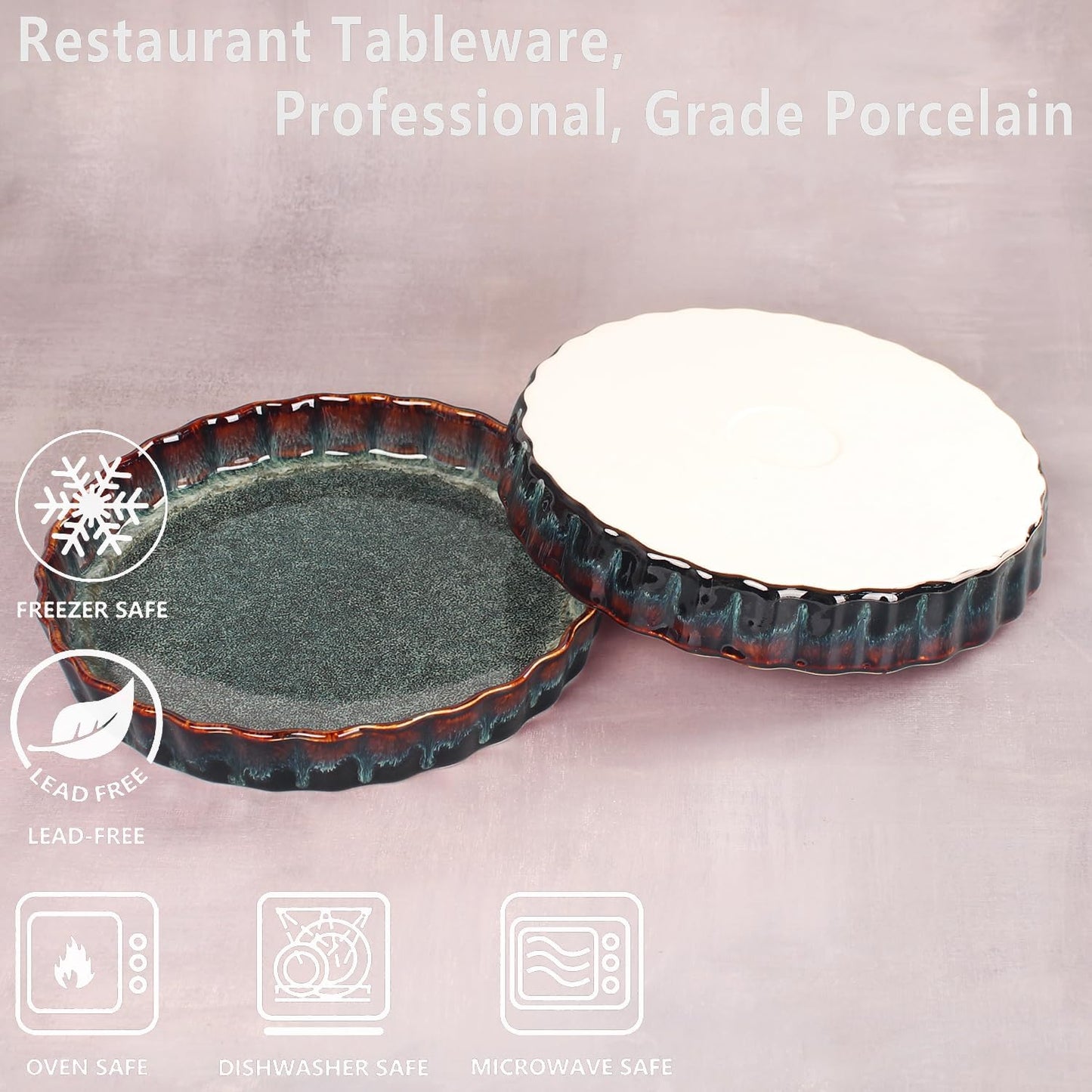 Ceramic Pie Pan Quiche Baking Dish, 11 Inch Round Ruffled Edge Au Gratin Baking Dishes, 1.4 Quart Non-Stick Pie Dish, Tart Pan, Pie Plate for Apple, Oven, Dishwasher and Microwave Safe