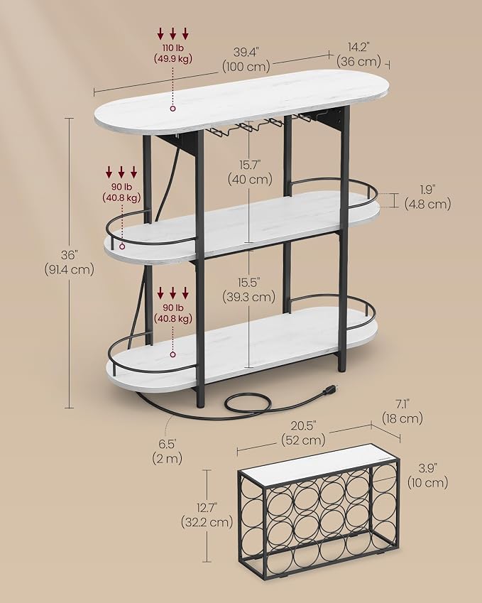 VASAGLE Bar Cabinet with LED Lights and Power Outlets, Freestanding Coffee Bar - Image 3