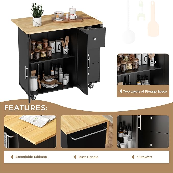 JY QAQA 40" Kitchen Island Cart Furniture cart on Wheels Rolling Portable - Image 3