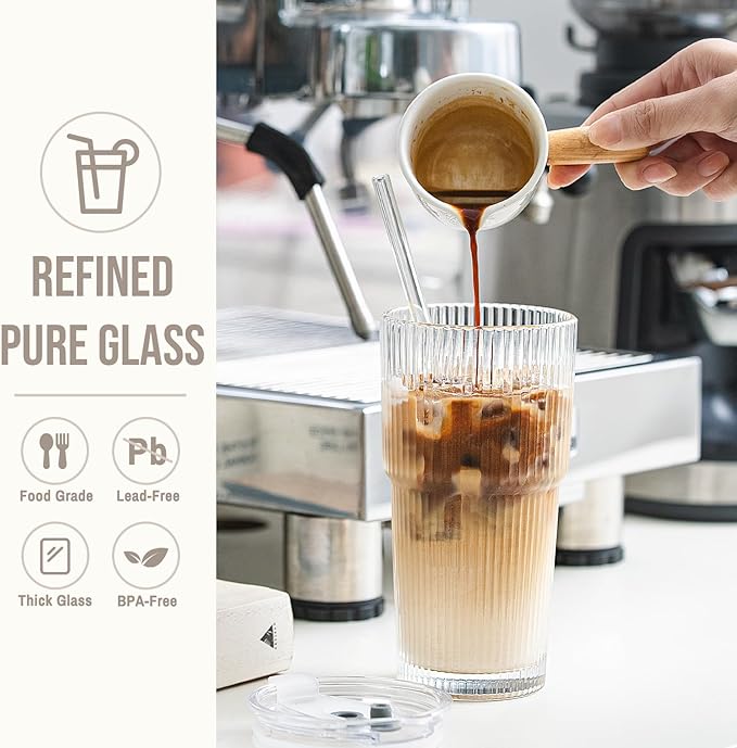 SoulTimes 20oz Glass Cups with Lids and Straws, Ribbed Glass Tumbler - Image 5