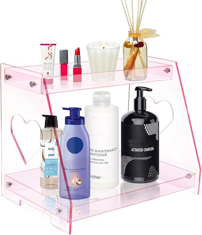 ROYALITA 2 Tier Pink Heart Bathroom Countertop Organizer Display Shelf - Image 4