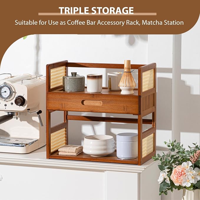Yalikop Bamboo Matcha Station Organizer 2 Tier Countertops Stand Shelf - Image 6