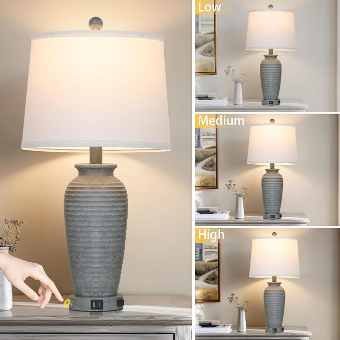 CINSARY 25" Grey Farmhouse Jar Table Lamps, 3 Way Touch Control Rustic Bedside - Image 7