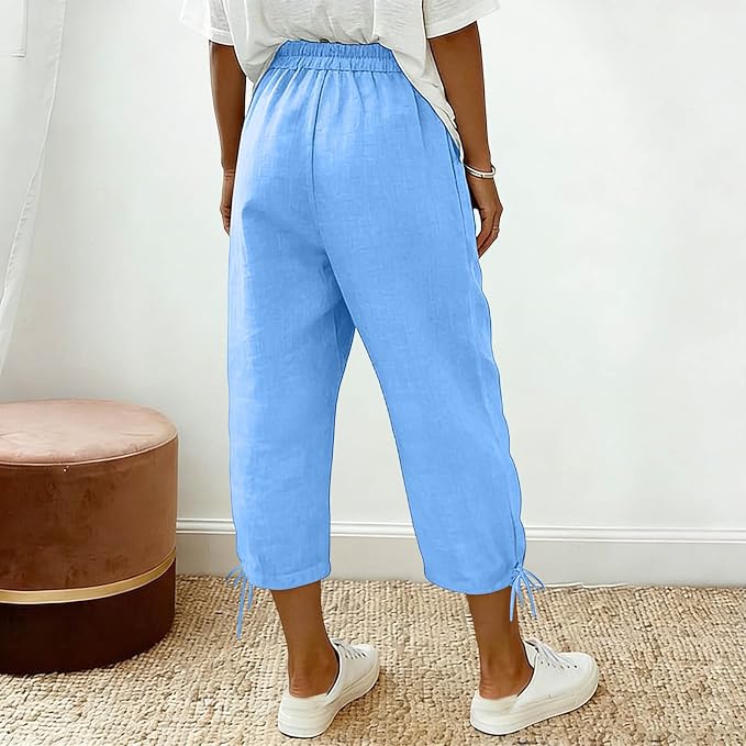 Linen Capri Pants for Women Drawstring Elastic Wide Leg Trouser 2026 Summer - Image 3