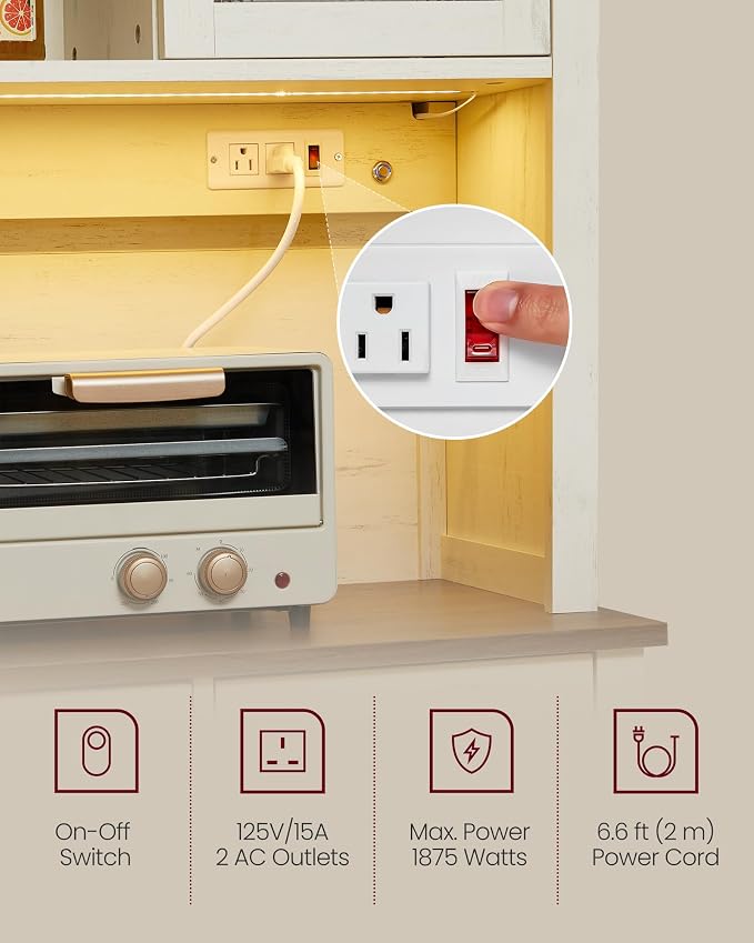 VASAGLE Pantry Cabinet with Lights and Charging Station, Kitchen Storage - Image 7