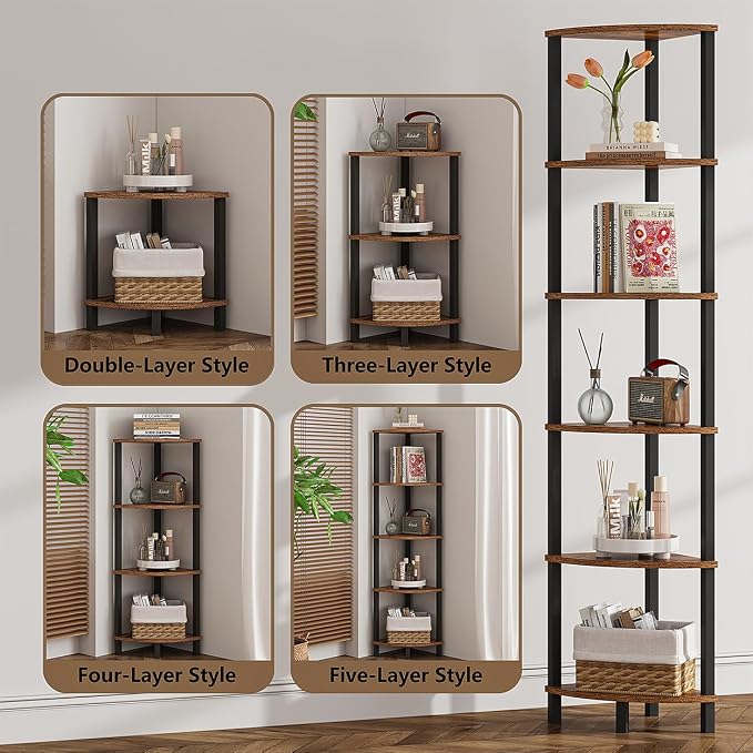 VIMBER Corner Shelf, 6-Tier Corner Bookshelf, Industrial Corner Ladder Shelf - Image 4