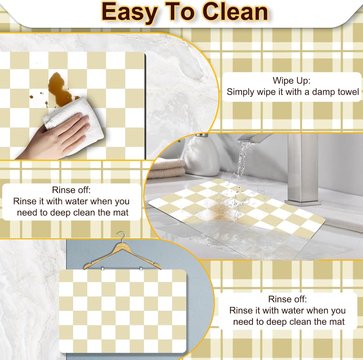 Dish Drying Mat for Kitchen, 15.7’’ X 17.7’’ Coffee Bar Mats for Countertop Fit Under Coffee Maker, Checkered Drying Mat, Hide Stain Rubber Backed Espresso Machine Absorbent Drying Pad, Beige & White