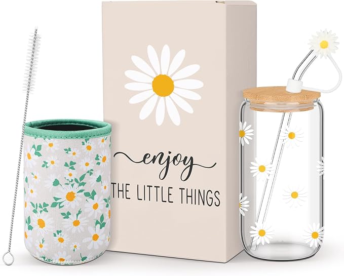 Reallnaive Daisy Gifts for Women 16 oz Flower Aesthetic Iced Coffee Cup Glass by Unknown