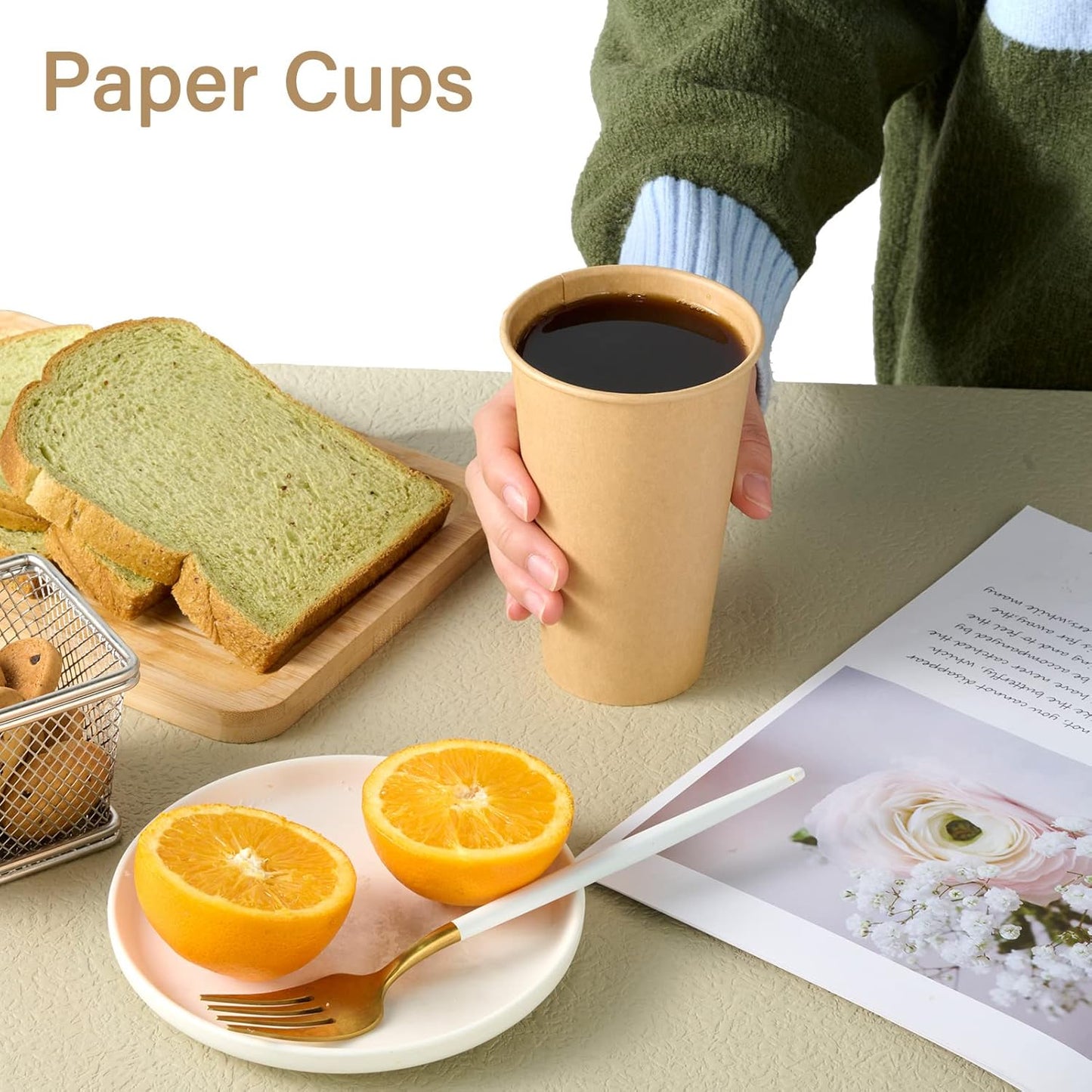 LITOPAK 100 Pack 16 oz Kraft Paper Coffee Cups for Water, Juice, and Tea, Disposable Hot Coffee Cups for Home, Restaurant, Store, and Cafe