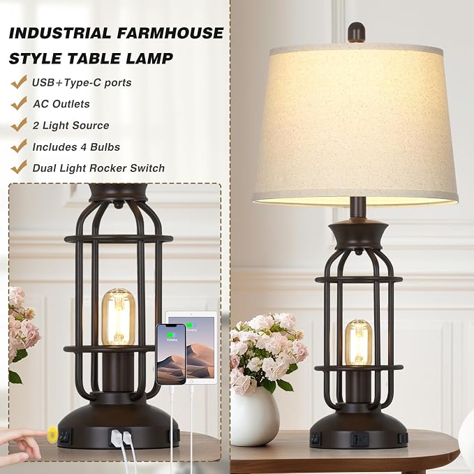 28" Tall Farmhouse Table lamps Set of 2, Vintage Industrial Table Lamp - Image 5