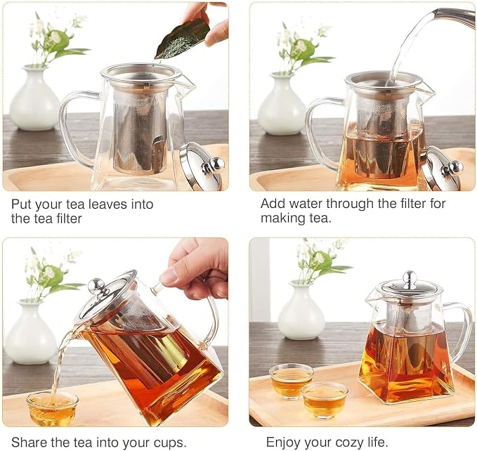 Square Glass Teapot, 950 ml Borosilicate Tea Pot - Image 3