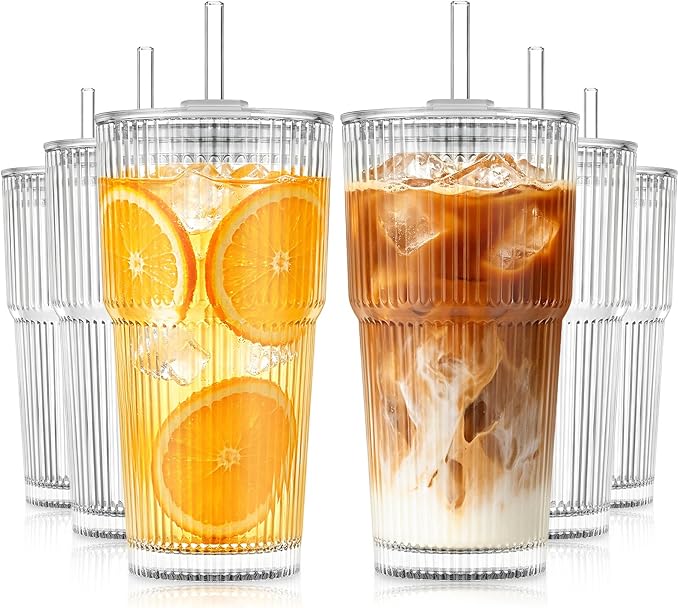KEMORELA 6-Pack 20 oz Ribbed Glass Tumblers by KEMORELA