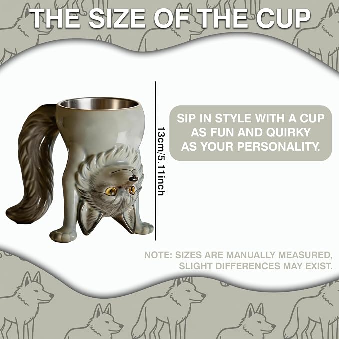 2-IN-1 Gray Wolf Coffee Mug – Funny 3D Animal Novelty Cup Unique Inverted - Image 2