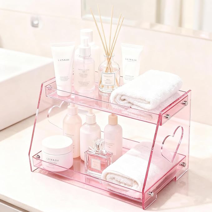 ROYALITA 2 Tier Pink Heart Bathroom Countertop Organizer Display Shelf - Image 2