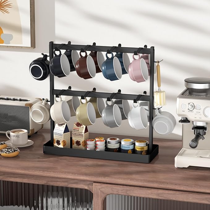 Coffee Mug Holder for Countertop 20 Hooks Mug Tree Rack 2 Tier Counter Cups - Image 3