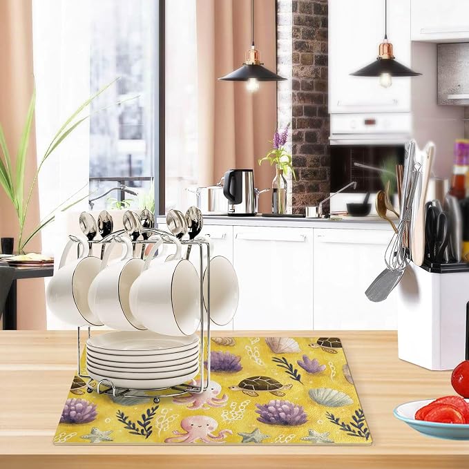 Turtles Octopuses Shells Seaweed Yellow Coffee Mat Coffee Bar Maker Backed - Image 6