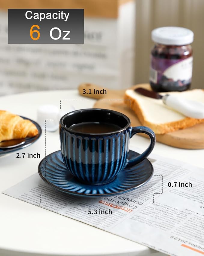 Hasense Ceramic Cappuccino Cups and Saucers Set of 4, Ribbed 6 Oz Demitasse Tea - Image 3