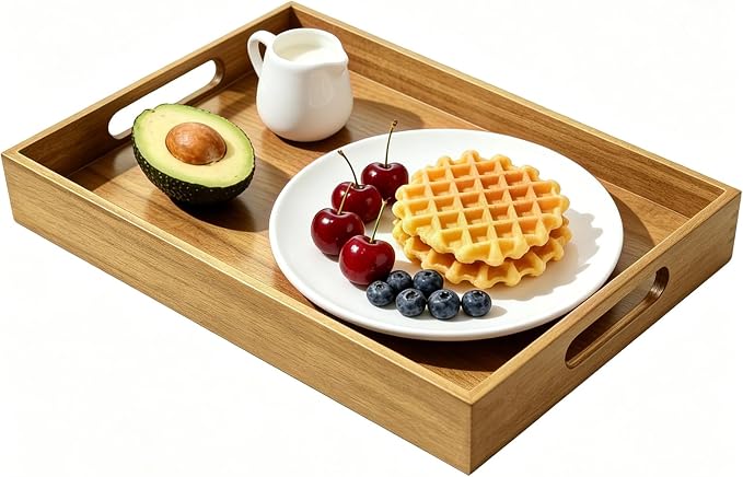 Acacia Wood Serving Tray with Handles, 17 x 12 Inch Large Wooden Tray - Image 8