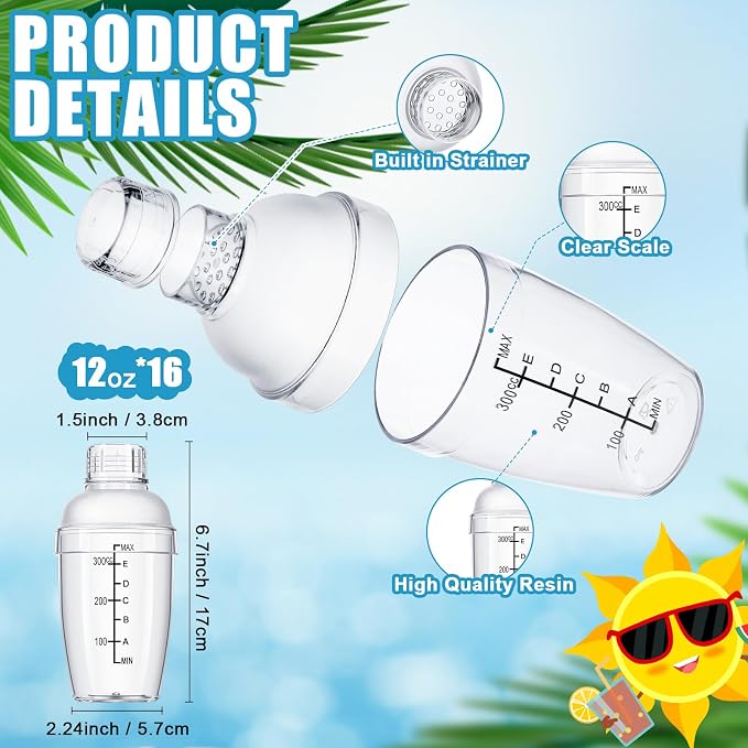 Lallisa 16 Pcs Plastic Cocktail Shaker Set Drink Mixer Clear Shaker Cup - Image 2