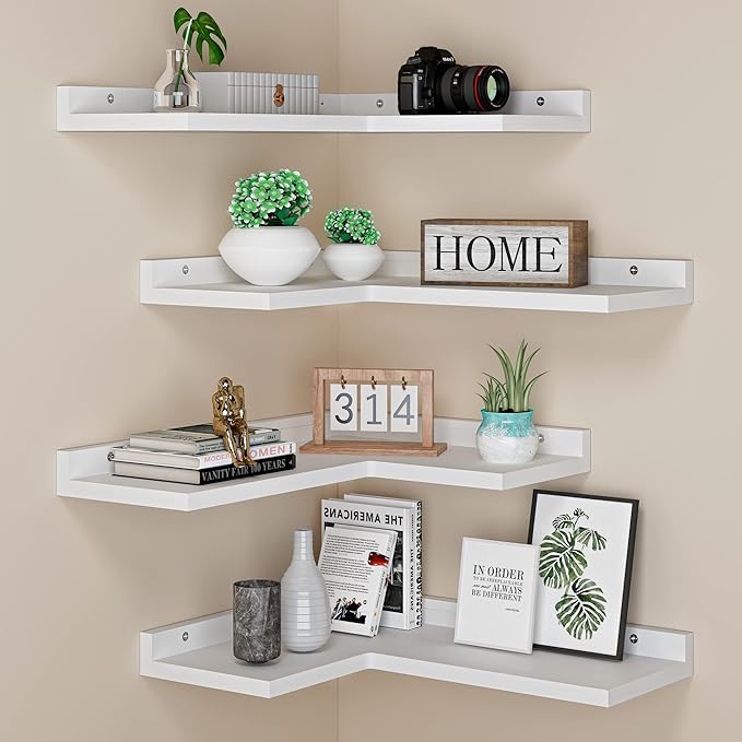 4 Tier Floating Corner Shelves White Set of 4, Rustic Pine Wooden Floating by Eostbe