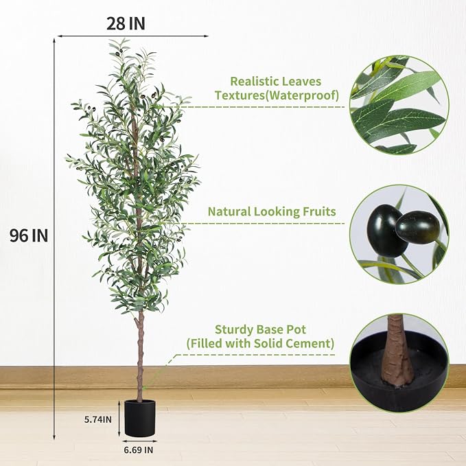 Faux Olive Tree, 8 Feet, 48 Fruits, Realistic Trunk, Indoor & Outdoor Use - Image 3