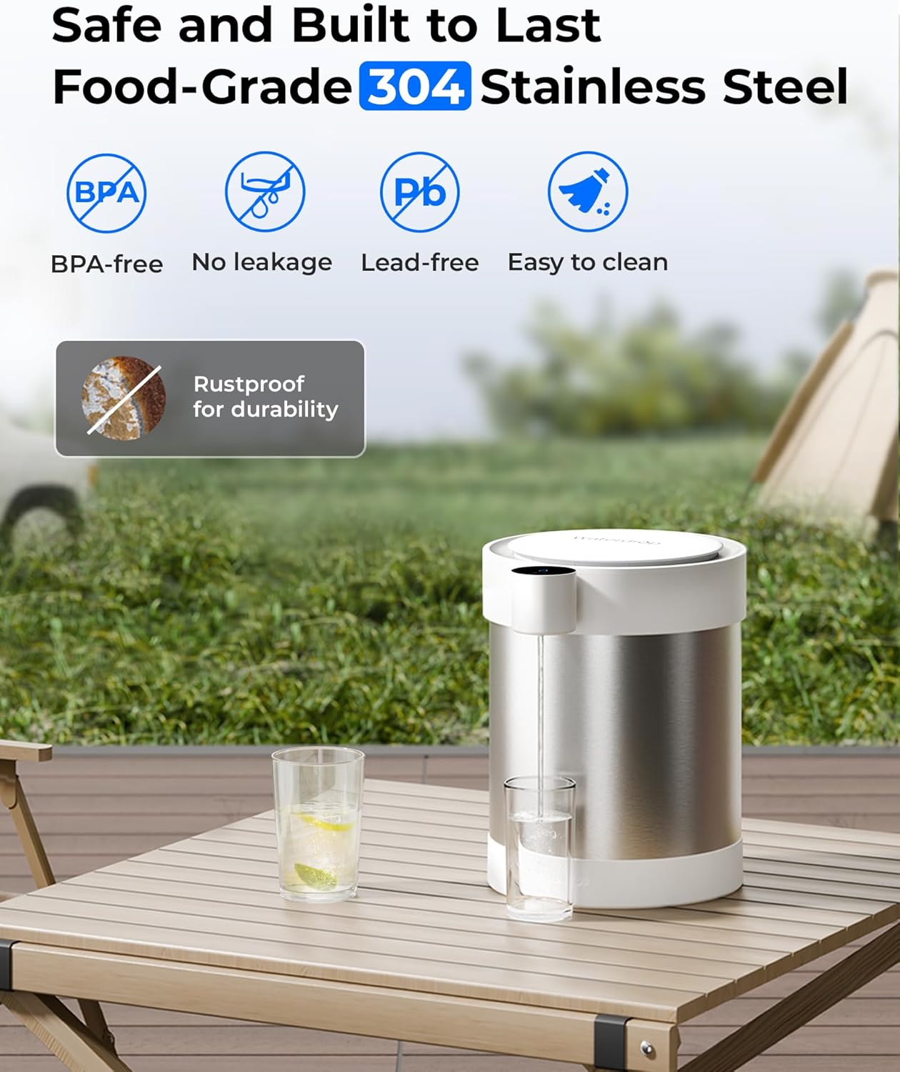 Waterdrop Rechargeable Non-Gravity Water Filter System with LED Function, Reduces 70+ Contaminants, Lead, Chlorine, 5-Stage Stainless Steel Filtration System, 22-Cup Water System, with 1 Filter
