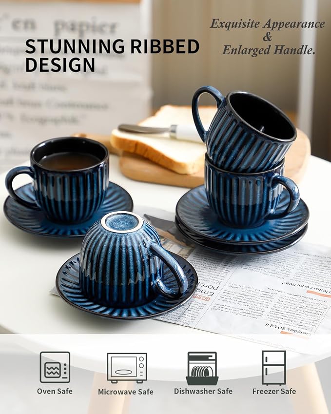 Hasense Ceramic Cappuccino Cups and Saucers Set of 4, Ribbed 6 Oz Demitasse Tea - Image 4
