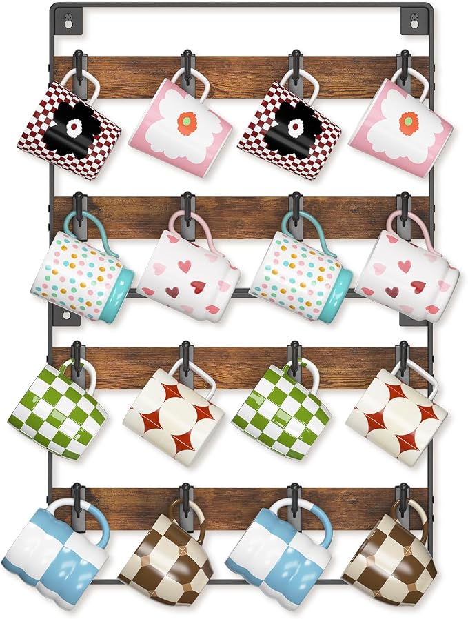 EsLuker.ly Mug Holder Hanger Rack Wall Mounted Wooden 2 Pack Coffee Cup Storage by EsLukerly